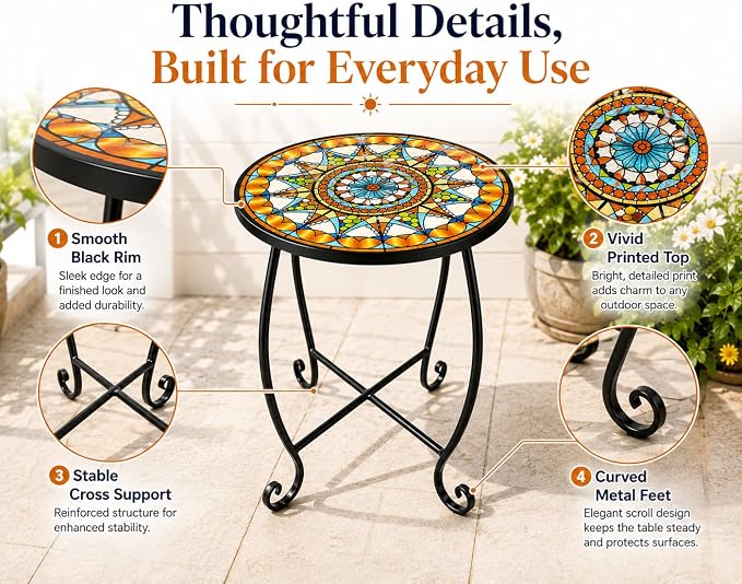 Mosaic Outdoor Side Table Round, 15 Inch Height - Small Patio Table, Foldable Sun Pattern Metal Plant Stand for Garden, Balcony, Porch & Camping