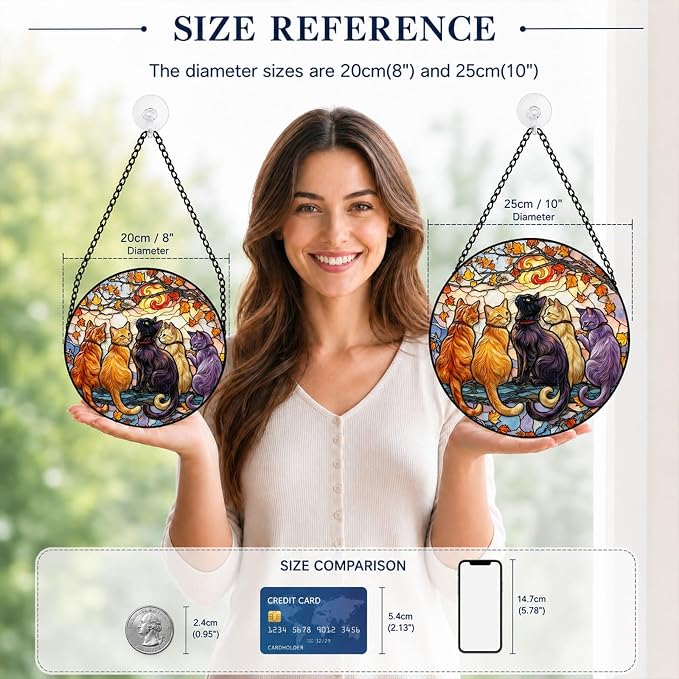 Statement Deluxe Bundle | Stained Glass Window Hanging, Five Cats 3D Embossed Diamond Glass Suncatcher, 7-Piece Cat Lover Gift Set with Crystal Pendant & Invisible Hooks