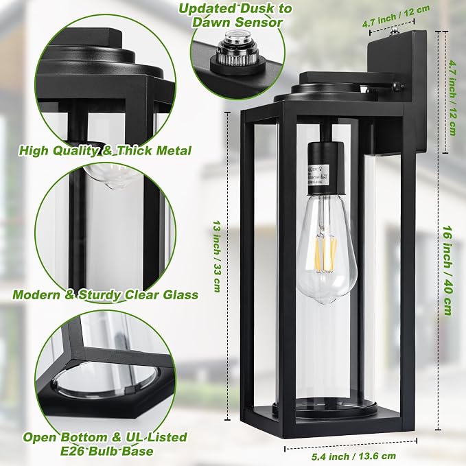 FILIYANO Large Dusk to Dawn Outdoor Wall Lights, 16 Inch, Modern, 2 Pack | Anti-Rust, Waterproof, Matte Black Exterior Fixture with Photocell, Farmhouse Wall Sconces for Garage, Porch, Front Door, E26