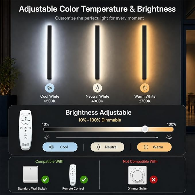 39 inch Modern Outdoor Wall Light, 2700K-6500K Dimmable Outdoor Wall Sconce,Long Wall Light with Remote Control,Exterior Linear Wall Lighting IP65 Waterproof for Garage, Front Door