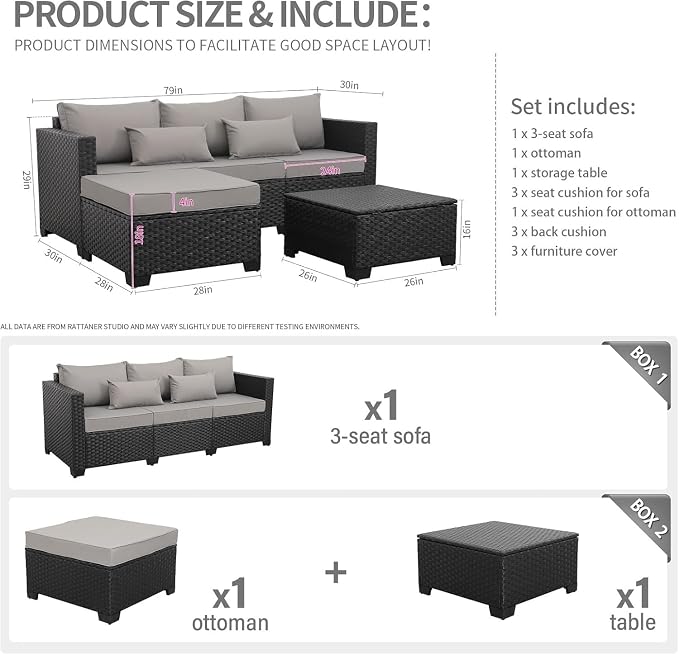 3 Piece Outdoor Patio Furniture Set with Waterproof Covers, Light Grey Patio Couch for Backyard, Deck, Porch Lounge(Blue)