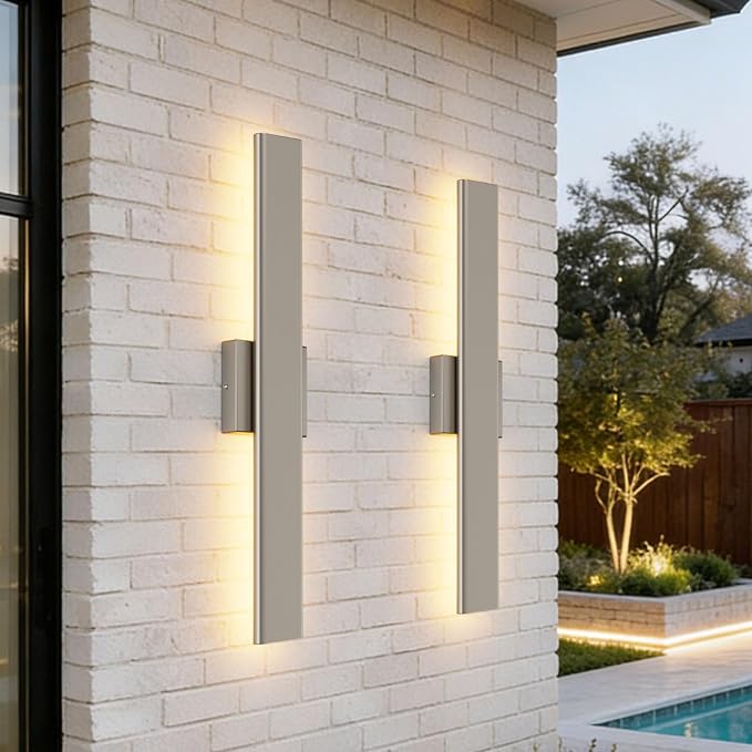 Aipsun 2 Packs Nickel Outdoor Wall Light 23.6inch Modern LED Exterior Wall Sconce, Long LED Linear Exterior Lights 3000K 4000K 6000K for Entrance, Hallway, Garage, Porch(3CCT)