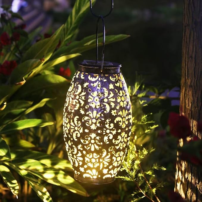 2 Pack Solar Lantern Lights for Hanging or Table Outdoor Solar Light for Patio Courtyard Garden (Silver-2pack)