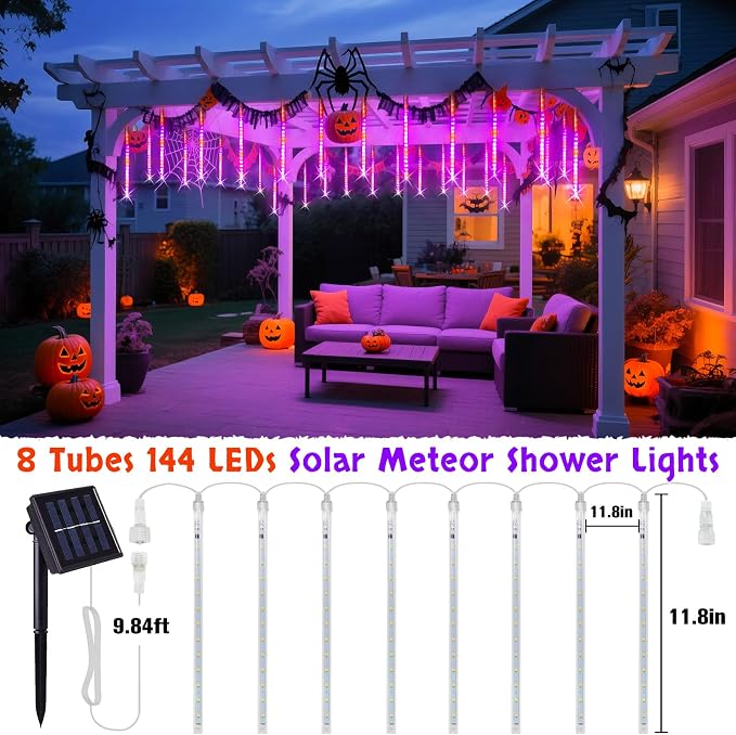JMEXSUSS Orange and Purple Solar Halloween Lights Outdoor | 8 Tube 144 LEDs Solar Meteor Shower Rain Lights for Halloween Tree Yard Party Patio Christmas Decoration