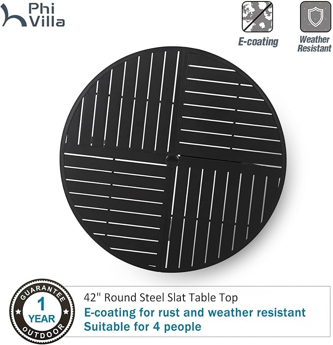 PHI VILLA 5 Pieces Outdoor Round Table Set for 4, 42” Wrought Iron Dining Table with Umbrella Hole & Cushioned Rattan Wicker Chairs for Patio, Deck, Yard, Porch