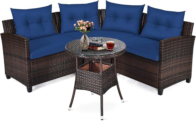 Tangkula 4-Piece C Shape Patio Furniture Set, Outdoor Corner Wicker Rattan Sectional Cushioned Sofa Set, with Glass Coffee Table, for Garden Poolside Balcony (Navy Blue)