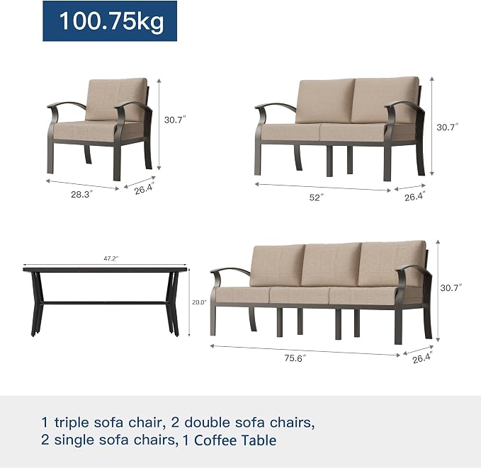 Kullavik Aluminum Patio Furniture Set,6 Piece Modern Metal Outdoor Patio Furniture w/5.1'' Thick Cushion,Swivel Chairs and Rectangular Coffee Table,Patio Conversation Sets for Porch,Deck,Sand