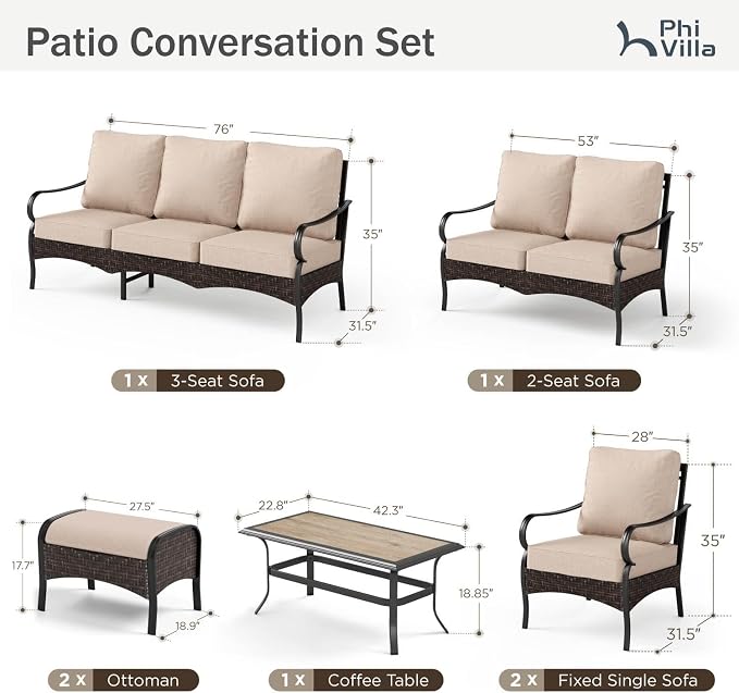 PHI VILLA Extra Large Outdoor Modern Patio Furniture Set, Upgraded Wicker & Metal Patio Conversation Set with Waterproof Thick Cushions for Porch, Poolside, Yard(7 Pieces,Beige)