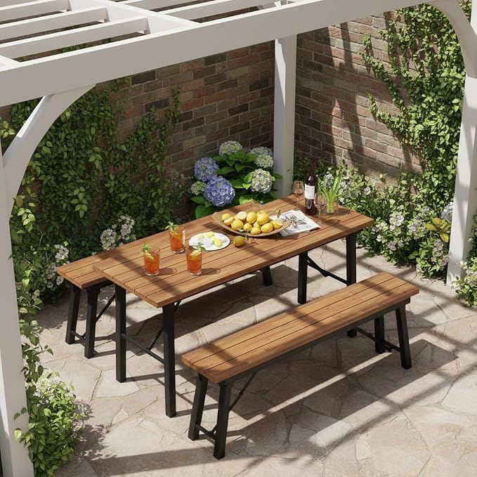 Tangkula 59" Narrow Outdoor Dining Table for 4-6, No Assembly Foldable Patio Dining Table with Acacia Wood Top & Heavy Duty Metal Frame, Portable Table for Yard, Garden, Poolside or Indoor (Natural)