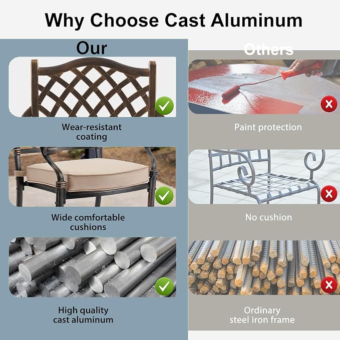 7-Pcs Cast Aluminum Patio Dining Set with 6 Swivel Chairs,Bronze | Outdoor Furniture Set Include 59" Rectangular Dining Table and 6 Swivel Chairs with Cushions & Umbrella Hole