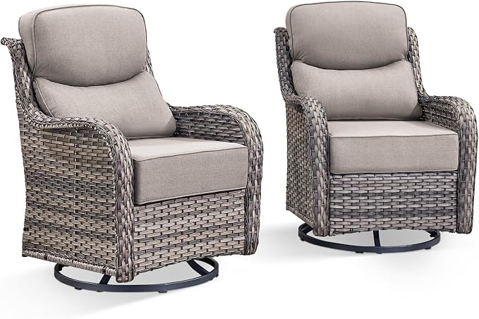 HUMMUH Outdoor Patio Wicker Swivel Rocker Chairs Set of 2 with 6-Inch Thick Cushion High Back Wicker Conversation Set for Porch Balcony Deck