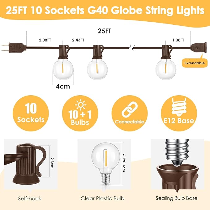 25FT G40 LED Outdoor String Lights with 10+1 Bulbs, Plug-in, Brown | Waterproof, Shatterproof, Dimmable, Connectable, Energy-saving, Patio Lights Porch Balcony Backyard Party Classroom Decor
