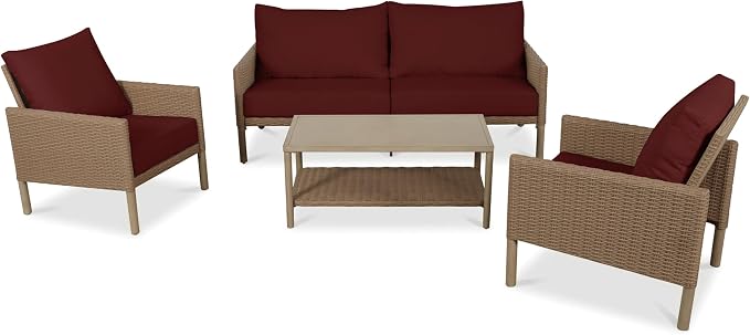4-Piece Wicker Patio Furniture Set, Outdoor Conversation Set with Coffee Table and Removable Thickened Cushions, Modern Sectional Sofa for Backyard, Garden & Lawn, Red