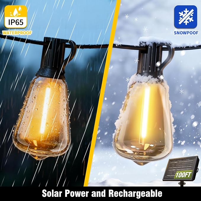 Solar String Lights Outdoor Waterproof with Remote & Timer, LED Shatterproof ST38 Bulbs, USB & Solar Powered Patio Lights for Backyard, Porch, Garden, Wedding, Christmas Decor (66FT)