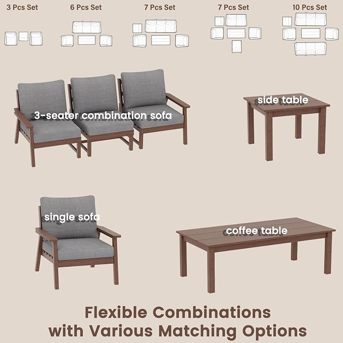 Ayge HDPE Patio Furniture Set,6 Piece Sectional Outdoor Furniture Set, All Weather Outdoor Couch Set Patio Conversation Set for Deck, Lawn, Brown