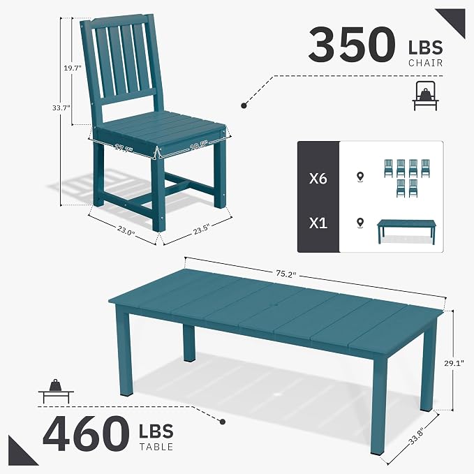 AreShark 7-Piece Outdoor Dining Set,HDPE Patio Table with 6 Armless Chairs,All-Weather Patio Furniture Set with Umbrella Hole,Low Maintenance Wood Grain Dining Set for Backyard,Garden,Poolside,Black