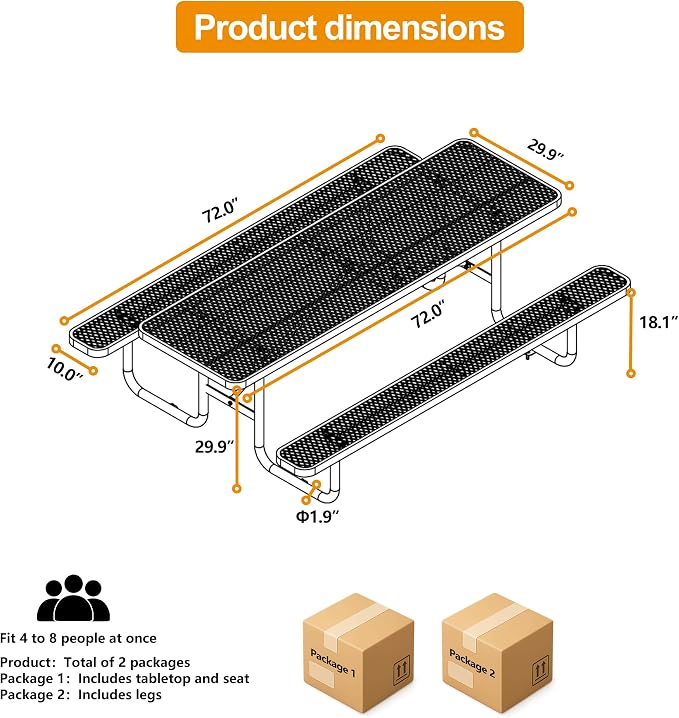 6ft Rectangular Picnic Table – Heavy-Duty Metal Mesh Outdoor Dining Table, Thermoplastic Coated Steel, Outdoor Living, Parks & Schools (Black, 6ft)