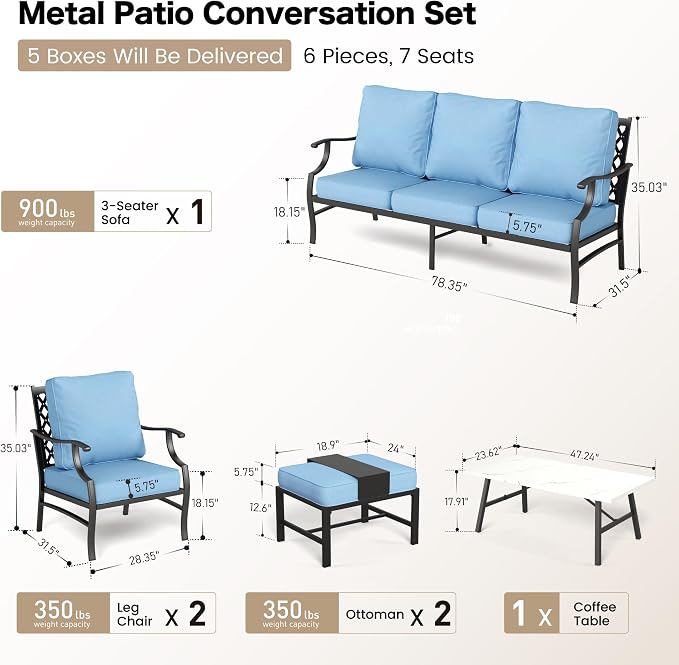 SUNSHINE VALLEY 6 Piece Metal Outdoor Patio Furniture Set, Patio Conversation Sets 1 3-seater Sofa, 2 Fixed Chairs, 2 Ottomans with 5.75" Thick Cushion and Coffee Table, Black Backyard Furniture, Blue