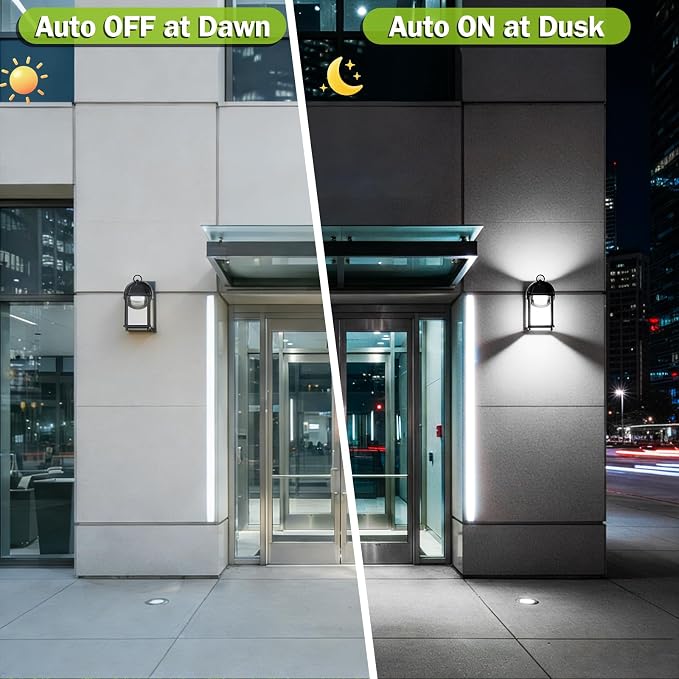 Outdoor Wall Light Fixture Dusk to Dawn, Rustproof Aluminum, LED | Exterior Porch Light Wall Sconce Lantern for House, Patio, Garage, Waterproof, Glass, 9.5W 800 Lumen, 5000K, Black, 1 Pack