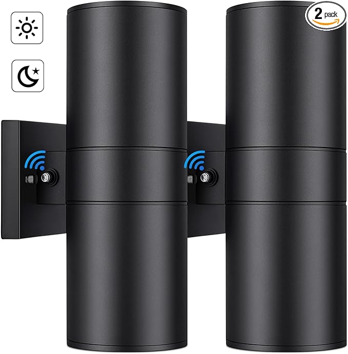 Modern Outdoor Wall Light with Dusk to Dawn Sensor, Exterior Light Fixture Wall Mount Waterproof Anti-Rust Cylinder, Up and Down 2 Lights Black Sconces for Porch Patio House Outside Entryway, 2-Pack