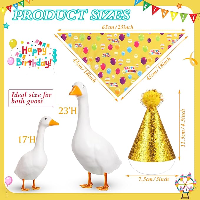 Happy Birthday Goose Outfit with Glitter Hat and Bandana,Yellow | for 23" 17" Cement Plastic Porch Goose, Outdoor Statue Patio Yard Lawn Art