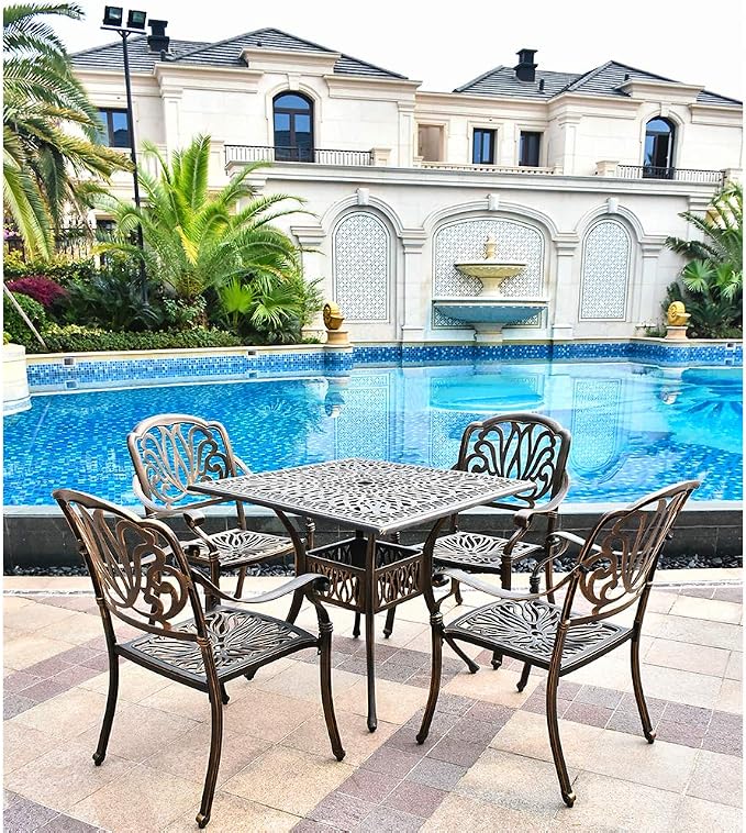 TITIMO 35.4" Outdoor Patio Bistro Dining Square Table Weather Resistant Cast Aluminum Conversation Table with 2.2" Umbrella Hole for Backyard, Garden, Poolside, Balcony(Retro)