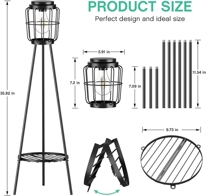 VISFLAIR 2 Pack Solar Lights with Plant Stand, Outdoor Floor Lamp, Waterproof Solar LED Edison Bulb Floor Lamps for Patio Porch Deck Yard Garden Decor