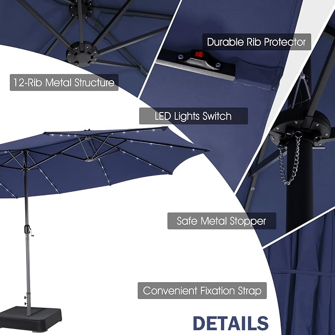 Tangkula 11 Pieces Patio Dining Set with 15 ft Double-Sided Patio LED Umbrella (Base Included), Outdoor Rattan Furniture Set with 8 Armchairs, 1 Rectangular Acacia Wood Dining Table (Navy)