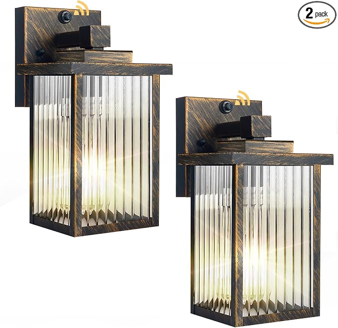 2 Pack Black Brush Gold Dusk to Dawn Outdoor Wall Light | Auto On/Off, Rust-Resistant Metal Frame, Tempered Glass, Easy DIY Install on Porch, Garage