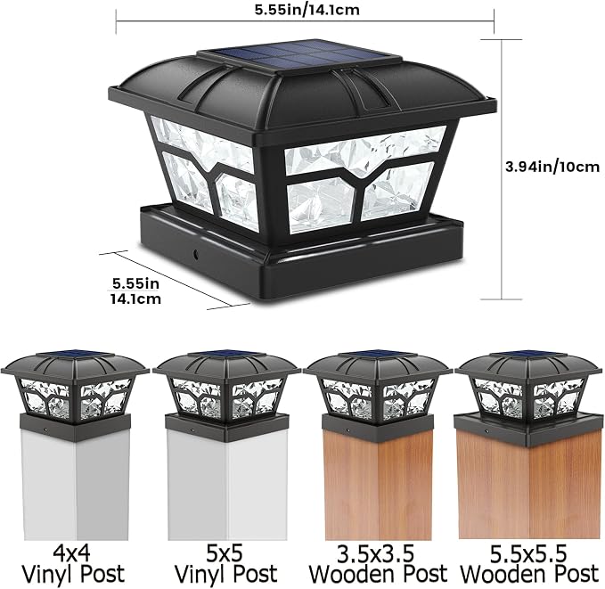 SIEDiNLAR Solar Post Cap Lights Outdoor 2 Color Modes 8 LEDs for 4x4 5x5 6x6 Posts Fence Patio Deck Decoration Warm White & Cool White Lighting Black (2 Pack)