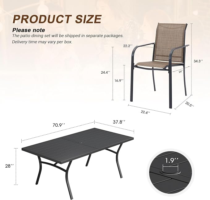 VICLLAX 9 Pieces Patio Outdoor Dining Set, 70" Outdoor Rectangular Metal Dining Table with Umbrella Hole and 8 Stackable Textilene Chairs for Lawn, Garden, Porch, Black/Brown