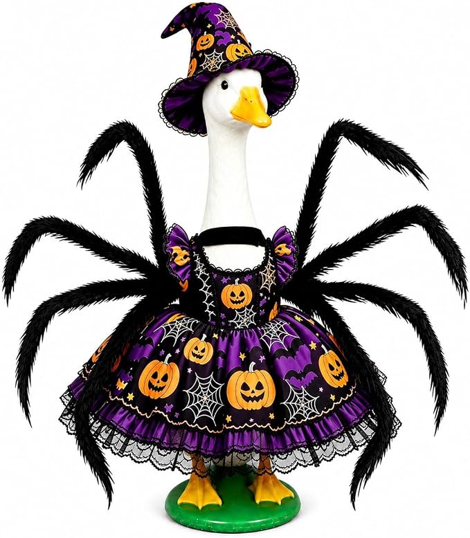 Halloween Porch Goose Outfits for 23'' Lawn Geese Statue, Pumpkin Porch Goose Outfit Costume with Dress Witch Hat Spider Wing, Outdoor Garden Goose Decor for Patio Yard Lawn Halloween Ornament