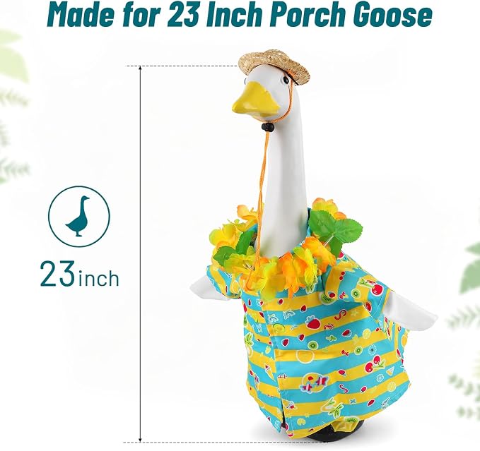 Porch Goose Outfits Summer Hawaiian Shirt Set for 23 Inch Porch Goose, Green Shirt with Straw Hat and Lei for Yard Garden Decor