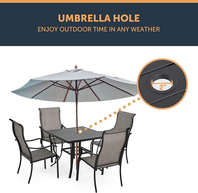HAPPATIO Patio Dining Table, 4 Person Black Square Patio Backyard Furniture Table，Metal Steel Slat Dining Table with Umbrella Hole Dia 2"（35" x 35" x 28.5"）