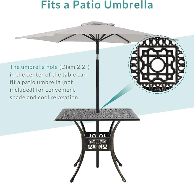 MEETWARM 5-Piece Outdoor Patio Dining Set, All-Weather Cast Aluminum Patio Conversation Set for Backyard Garden Deck with 4 Cushions Swivel Rocker Chairs and 35.4" Square Table, Ocean Blue