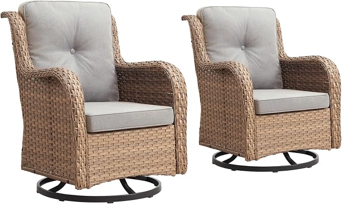 Outdoor Swivel Rocker Patio Chairs-Wicker Patio Swivel Chairs Set of 2 PE Rattan Patio Furniture for Porch Deck Balcony Garden-Yellow/Beige