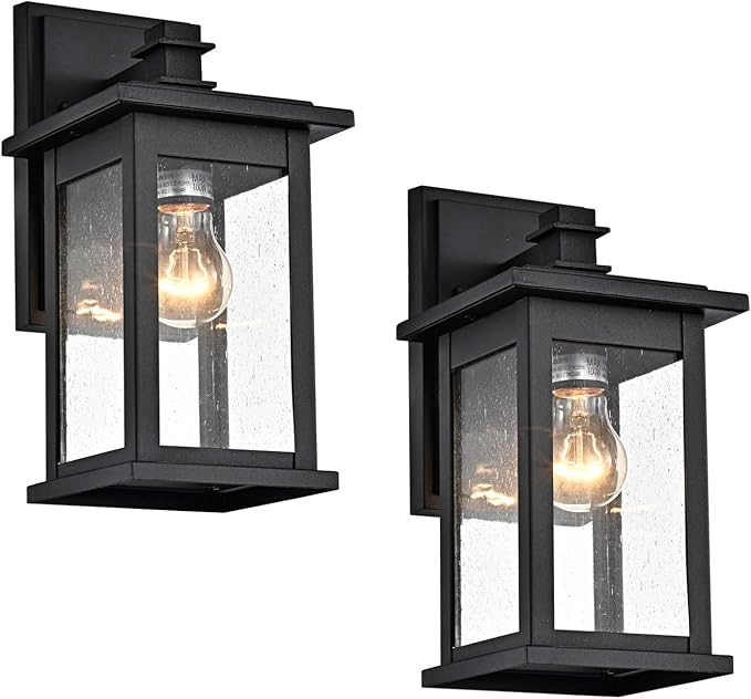 MICSIU 2 Pack Matte Black Outdoor Wall Sconce, 12 Inch Vintage Farmhouse | Square Exterior Light Fixtures with Clear Seedy Glass, Waterproof Outside Wall Mountnt Light for House, Porch, Garage