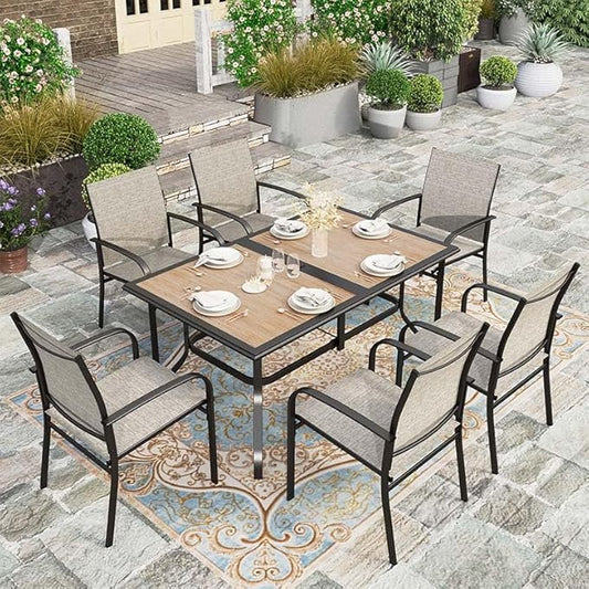 HERA'S HOUSE 7pc Patio Dining Set, Metal Table with PVC Top, Brown Chairs | 60" rectangular table with umbrella hole, 6 textilene chairs. Waterproof, rust-resistant, all-weather for yard, porch