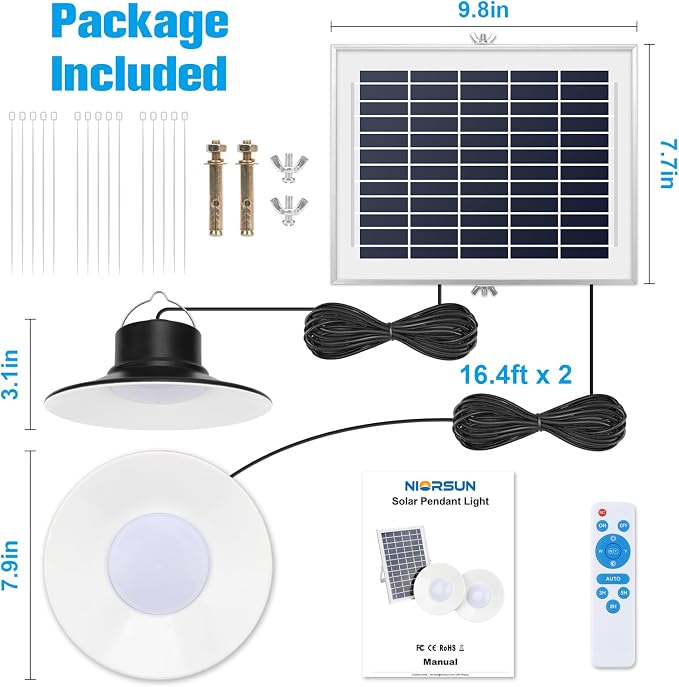 NIORSUN Solar Indoor Lights Outdoor, LED Solar Pendant Lights 3 Color Dimmable Lighting with Remote Control, Gazebo Lights,2x16.4ft Cable IP65 Waterproof for Garden, Patio, Garage, Camp(2 Pack)