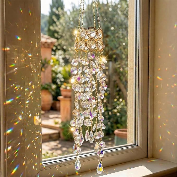Crystal Suncatchers for Window Hanging Decor, Prism Rainbow Maker with Chain & Hook, Ornament for Ceiling, Garden, Home, Indoor & Outdoor Decoration, Transparent/Ab