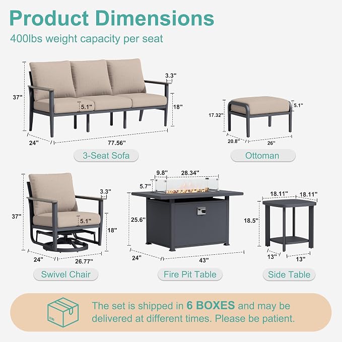 Aluminum Outdoor Patio Furniture Set with Swivel Rocking Chairs 9-Seat, Patio Sectional Sofa with Ottomans Patio Conversation Set with 55,000 BTU Fire Pit Table & High Backrest, Sand