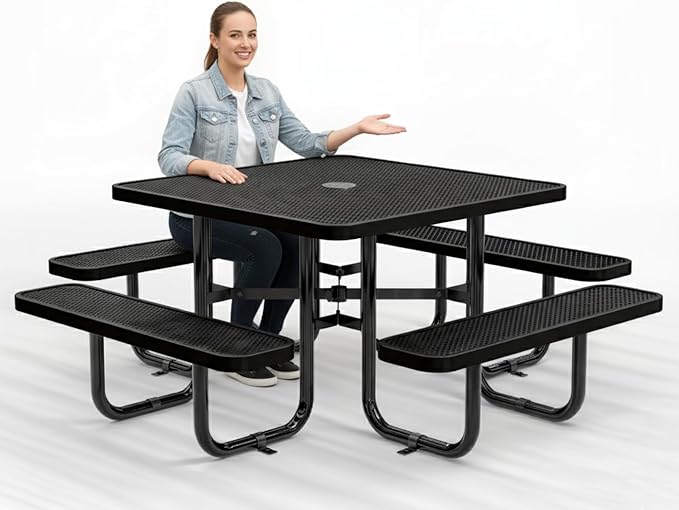 Metal Picnic Tables for Outdoors with Umbrella Hole - Coated Steel Heavy Duty Commercial Grade Furniture (Black, 46 in, Square, Punched Steel)