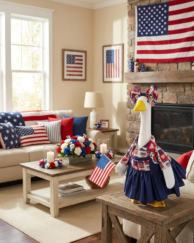 4th of July Porch Goose Outfit with Flag & Bow, 23" Patriotic Lawn Cement Goose Clothes for Independence Memorial Day, US 250th Anniversary Decoration, Best Gift for Mom Grandma
