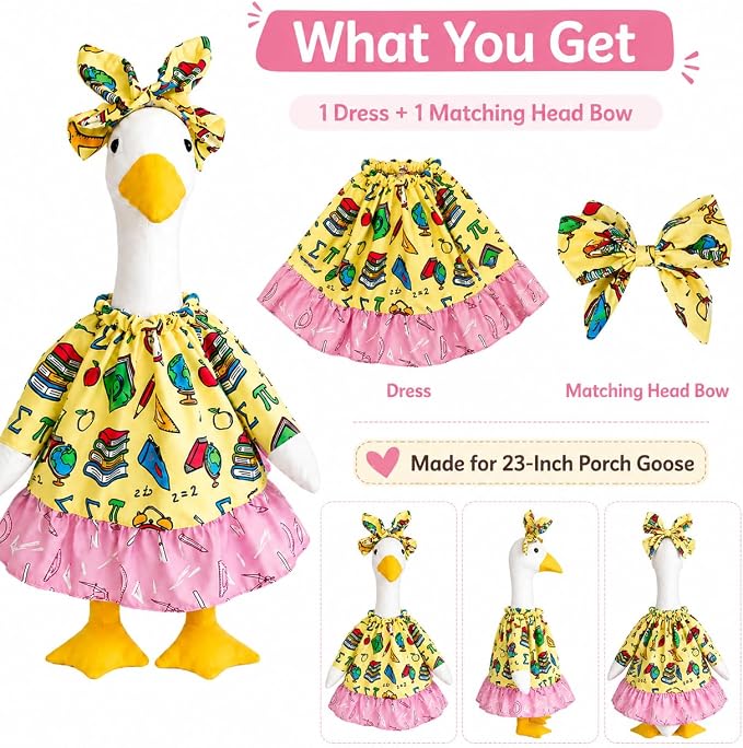 Back to School Porch Goose Outfit, 2Pcs/Set Yard Goose Clothes for 23" Statue Patio Lawn Garden School Classroom Decor
