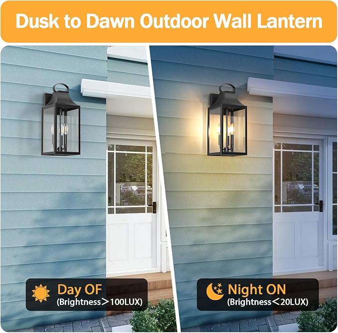 20" Extra Large Dusk to Dawn Outdoor Wall Light with 3-Light, Black | Exterior Lighting Fixtures, Waterproof Wall Mount Porch Lantern, Modern Outside Wall Sconce Garage Coach Light, E12, 1 Pack