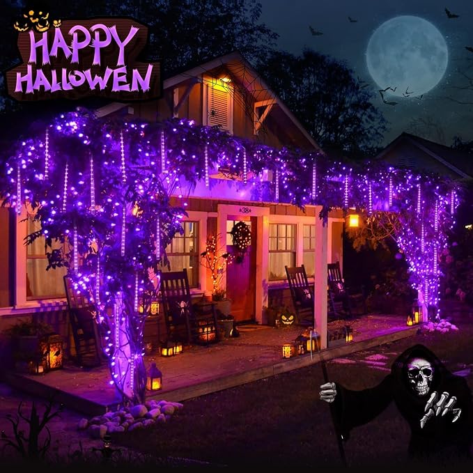 JMEXSUSS 2 Pack Purple Solar Halloween Lights, 16 Tube 288 LED | Solar Meteor Shower Rain Lights, Christmas Light Outdoor Waterproof for Tree Halloween Christmas Decorations