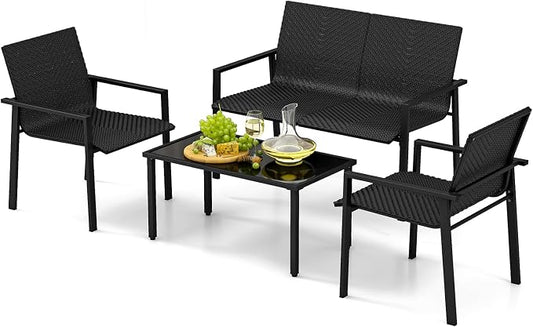 HAPPYGRILL 4 Pieces Wicker Patio Conversation Set with Coffee Table, PE Rattan Chairs with Galvanized Metal Frame, Outdoor Table and Chairs Set for Small Space, Balcony, Poolside, Backyard (Black)