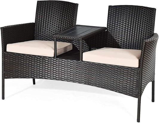 COSTWAY 2-Seat Patio Conversation Sets, Outdoor Patio Loveseat Set with Removable Cushions & Built-in Coffee Table for Backyard, Garden, Lawn, Balcony, Brown+Beige