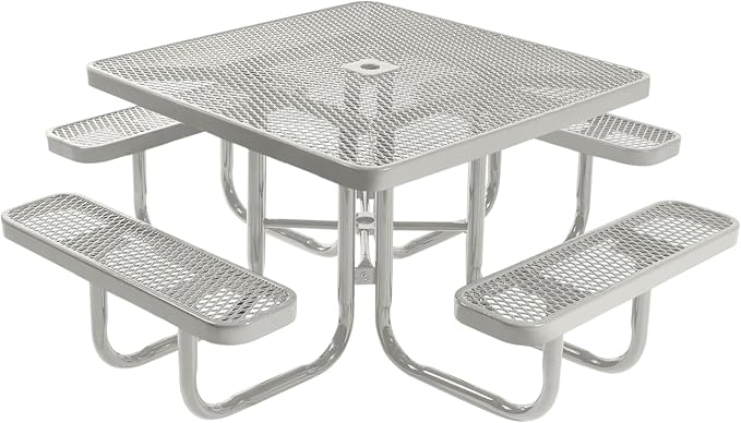 COATEDOUTDOORFURNITURE Heavy-Duty Portable Outdoor Picnic Table with Umbrella Hole, Expanded Metal Commercial-Grade Patio Furniture Made in America (46" Square Top, Grey with Grey Frames)