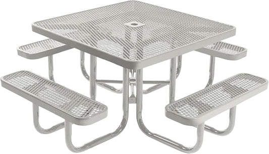 COATEDOUTDOORFURNITURE Heavy-Duty Portable Outdoor Picnic Table with Umbrella Hole, Expanded Metal Commercial-Grade Patio Furniture Made in America (46" Square Top, Grey with Grey Frames)
